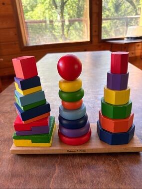 Melissa & Doug Non Toxic Wooden Geometric Stacking Toy - Rainbow Blocks & Rings